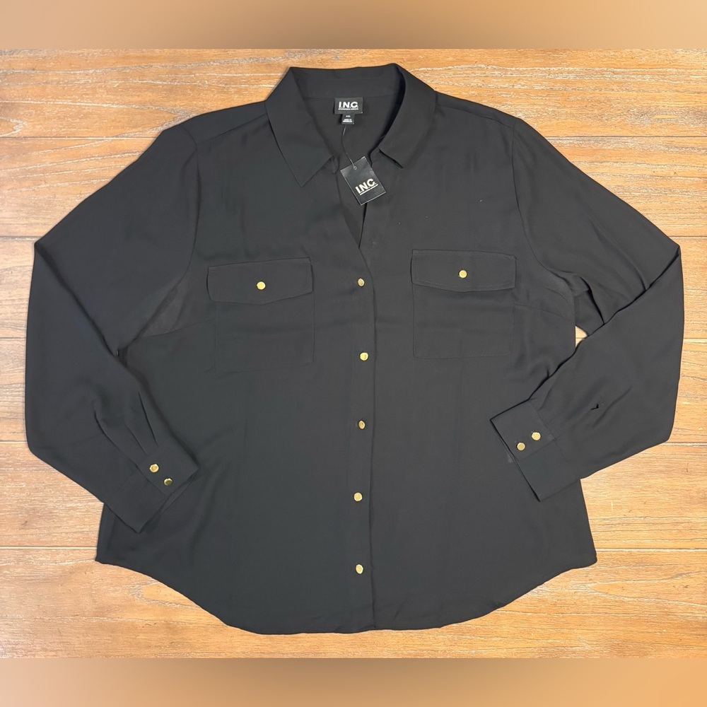 INC International Concepts Women's Black Button-Down Shirt with Gold Accents